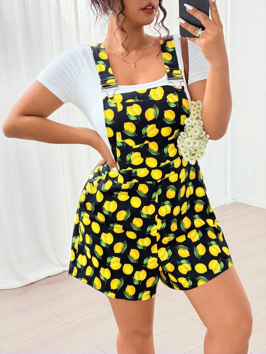 Flirla Macacão Casual Estampado de Limão Plus Size Para Mulheres - Multicolorido - Visão 1