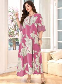 SHEIN Lacomfia Đầm suông rộng rãi, hở vai, chắp vá, vải lanh, cổ tròn, tay áo 3/4, in họa tiết, cỡ lớn - Nhiều màu - Xem 3