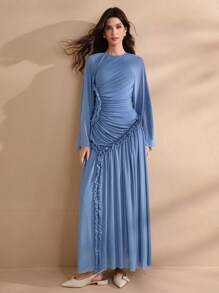 Graceveil 女式加长春夏网眼针织荷叶边下摆开叉优雅迷人时尚连衣裙 - 霧霾藍 - 查看 1