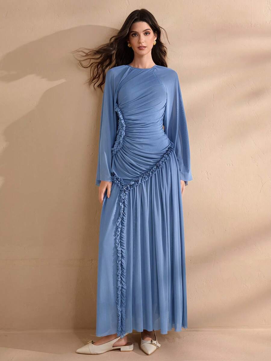 Graceveil 女式加长春夏网眼针织荷叶边下摆开叉优雅迷人时尚连衣裙 - 霧霾藍 - 查看 1