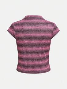 Tween 女童休闲学院风条纹立领短袖修身针织 Polo 衫 - 粉色 - 查看 3