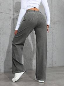 Jeanoix Casual Washed High Waist Straight Leg Jeans Y2k - Light Grey - View 2