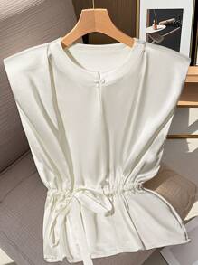 Modelyn Women's Solid Color Round Neck Cap Sleeve Tie Waist Fashionable Shirt, Summer - White - View 3