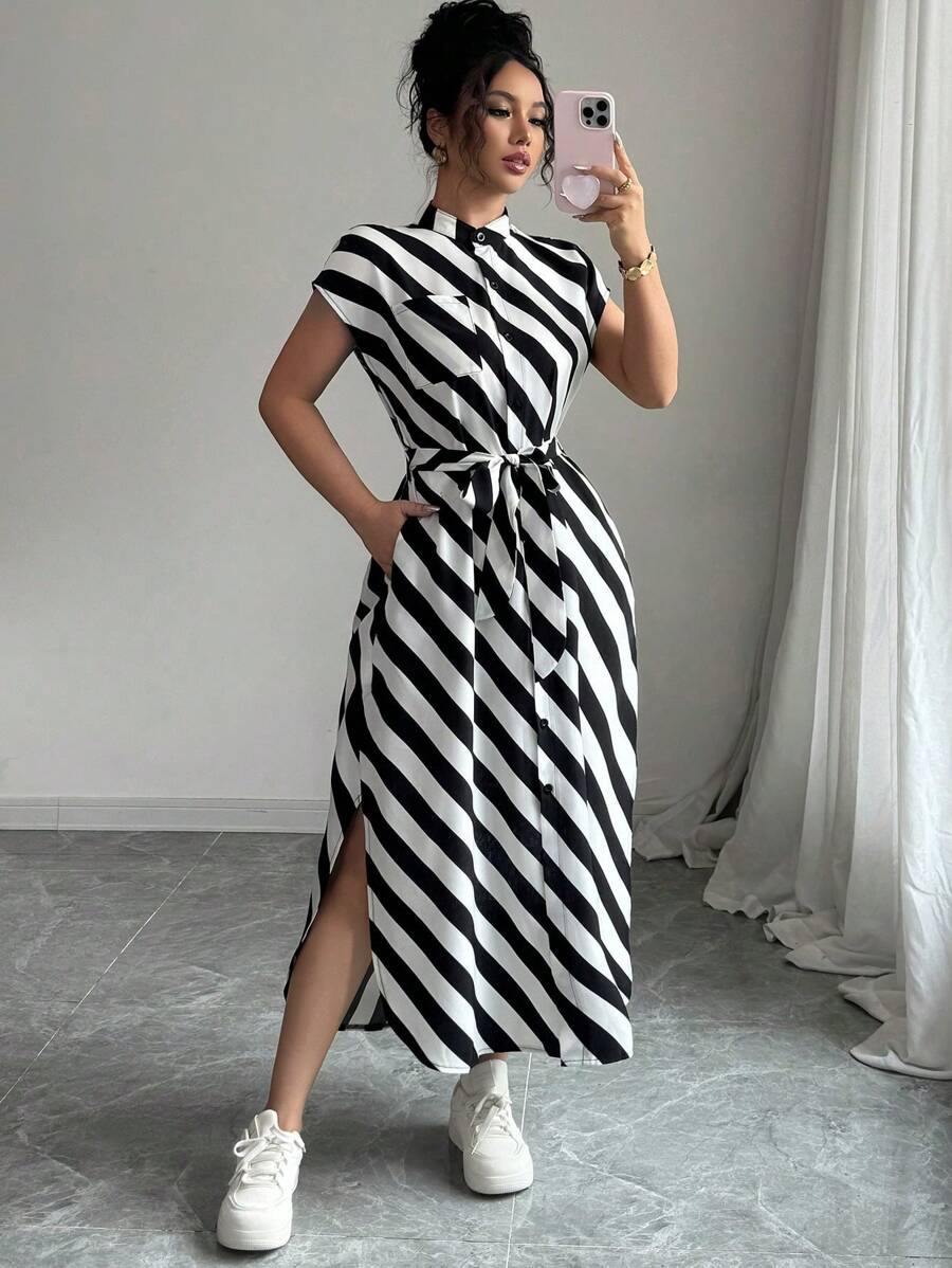 Breezaya 女款黑白条纹休闲特别木扣开衩连衣裙 - 黑與白 - 查看 1
