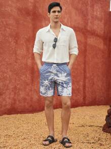 Manfinity VCAY 男士休闲编织棕榈树条纹印花中腰抽绳直筒短裤 - 彩色 - 查看 4