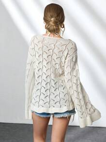 RueChic Women Solid Color Hollow Out Ruffle Detailed Front Tie Cardigan - White - View 7