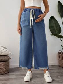 SHEIN Jeans de mezclilla con flecos y amarres a la cintura sueltos para embarazadas, adecuados para uso diario en verano