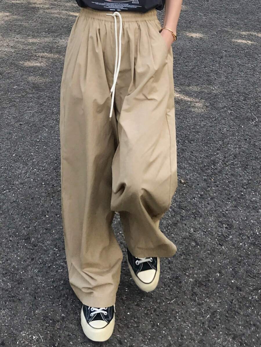 FRIFUL Women's Casual Solid Color Drawstring Waist Wide Leg Pants, Everyday Wear - Khaki - View 1
