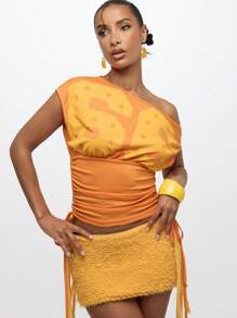 SUMWON WOMEN 露肩褶饰抽绳星星印花图案 T 恤宽松衬衫节日音乐会夏季短款上衣晚会俱乐部服装 - 橘色 - 查看 6