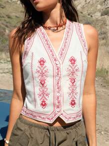 Easelle 夏季波西米亚风度假复古刺绣开衩背心，适合女士休闲度假西式服装 - 杏色 - 查看 1