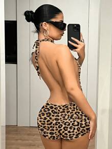 SHEIN ICON Mono casual y sexy de mujer con espalda descubierta y cuello anudado, con estampado de leopardo, adecuado para el verano