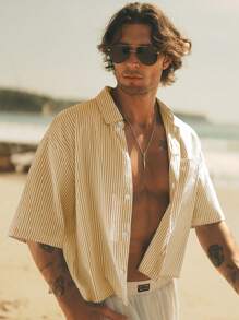 HIMLAND 男士修身条纹短袖休闲梭织衬衫 - 黃色 - 查看 3