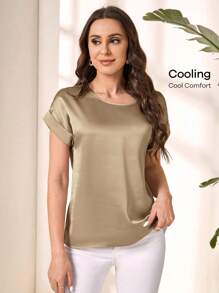 EMERY ROSE 女士香槟色圆领蝙蝠袖缎面短款春季衬衫