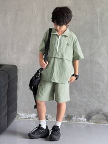 2pcs/Set Tween Boys' Casual Sports Polo Collar Short Sleeve Shirt And Elastic Waist Shorts Set, Suitable For Commuting, School, Casual Outings, Sports, Spring/Summer