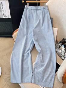 GlowEve Women's Casual Blue Striped Bamboo Knot Tie Design Wide Leg Suit Pants, Spring/Summer