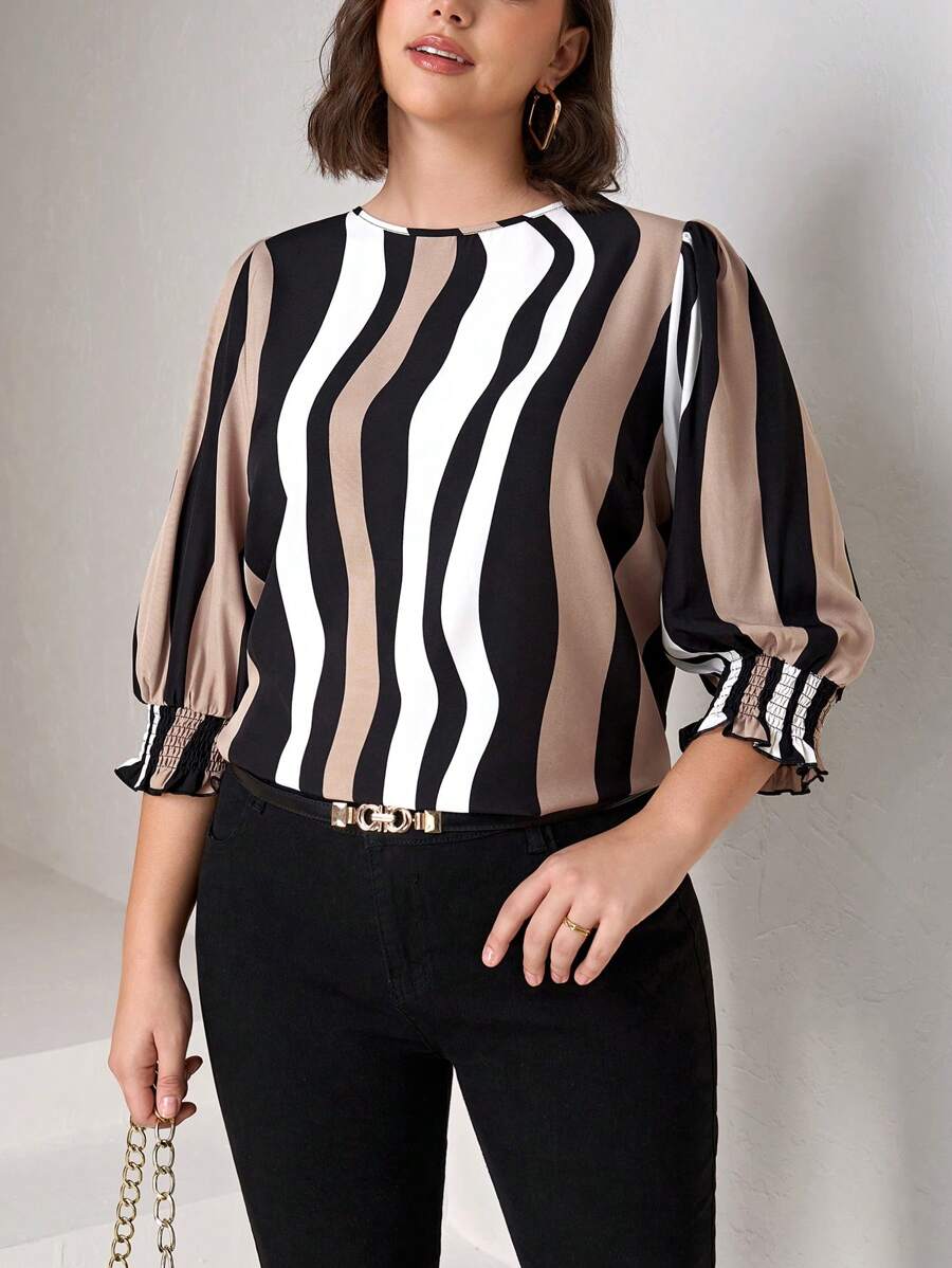 Chikora Plus Size Women's Elegant Geometric Line Pattern 3/4 Sleeve Loose Blouse - Multicolor - View 1