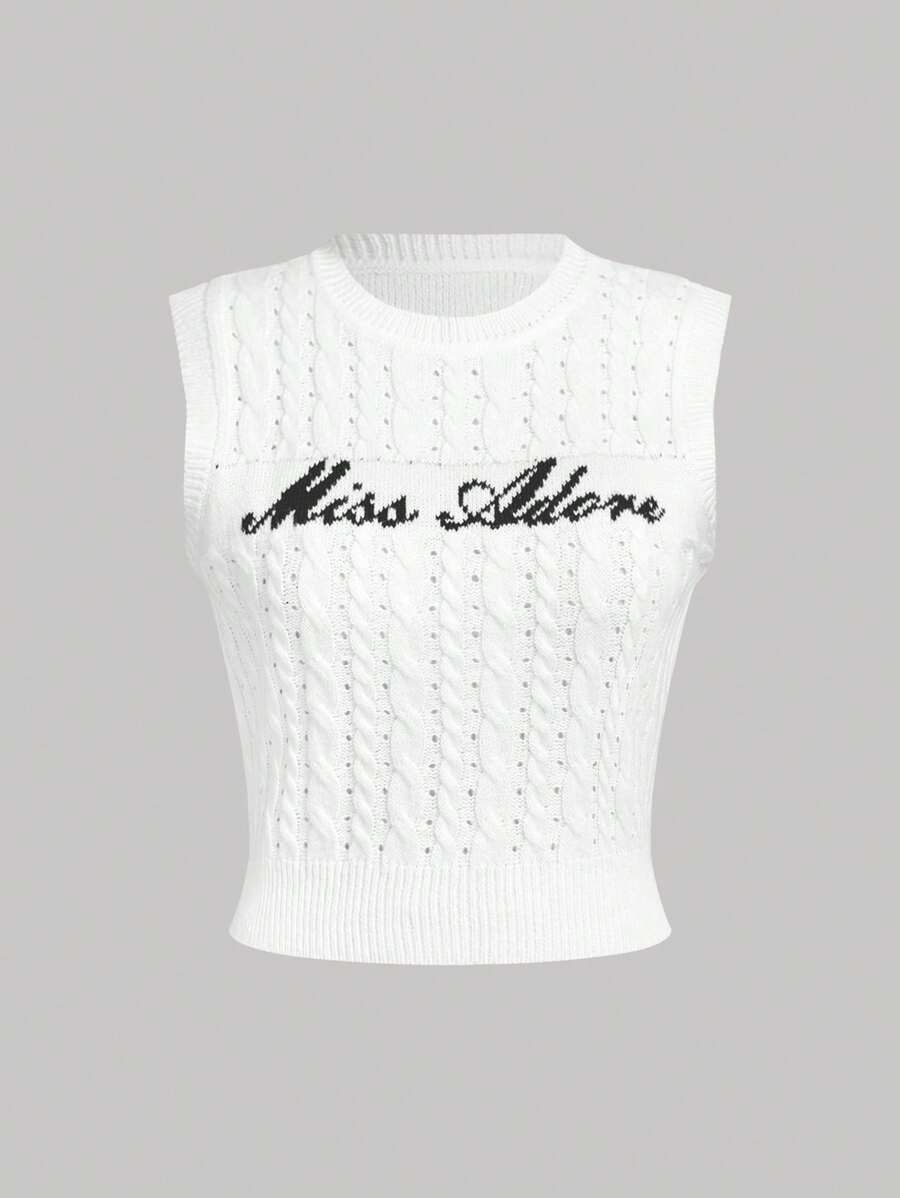 SHEIN MOD Plus Size Summer Casual Letter Pattern Knitted Top Women Summer Clothing Woman S Summer Clothes Women Summer Sets Summer Jumpers For Women Sweater Vest Women - White - View 1