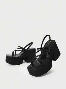 Sugerpunk 女士方头厚底坡跟踝带凉鞋，哥特朋克风格交叉带粗高跟露趾鞋，舒适休闲通勤派对装