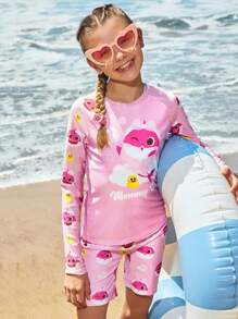 BABY SHARK X SHEIN Tween Girl Cartoon Printed Long Sleeve Top And Shorts Swimsuit Set - Pink - View 1