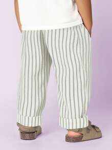 SUMWON Kids Casual Summer Striped Pants Linen Feel Drawstring Relaxed Fit Ankle Roll Up Beach Resort Vacation Bottoms - Black and White - View 5