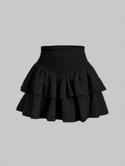 SHEIN Explorewe 青少年女孩休闲百搭纯色荷叶边下摆迷你裙，夏季