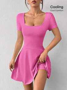 SHEIN EZwear Váy ngắn tay màu trơn cho nữ, mặc hàng ngày - Màu Hồng Tươi - Xem 7