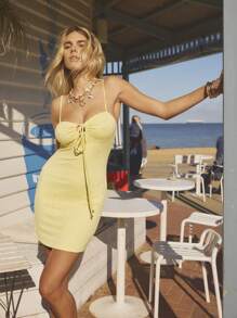 Aralina 夏季女式简约纯色系带吊带背心迷你连衣裙，假日风格 - 黃色 - 查看 7