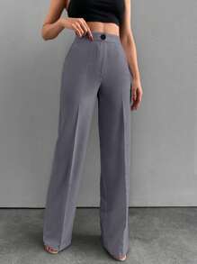 SHEIN Pantaloni casual cu croială dreaptă pentru femei, cu design solid și scobitor, cu buzunar - Gri - Vizualizare 6
