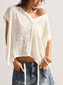 Bohemela Áo thun rộng tay ngắn cổ chữ V họa tiết chắp vá viền bất đối xứng cho nữ - Màu be - Xem 7