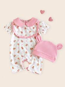 SHEIN Summer Newborn Baby Girl Pink Doll Collar Patchwork White Short Sleeved Cartoon Bear Print Pattern Jumpsuit Shorts And Same Color Bib Paired With Pink Hat Three Pieces Set