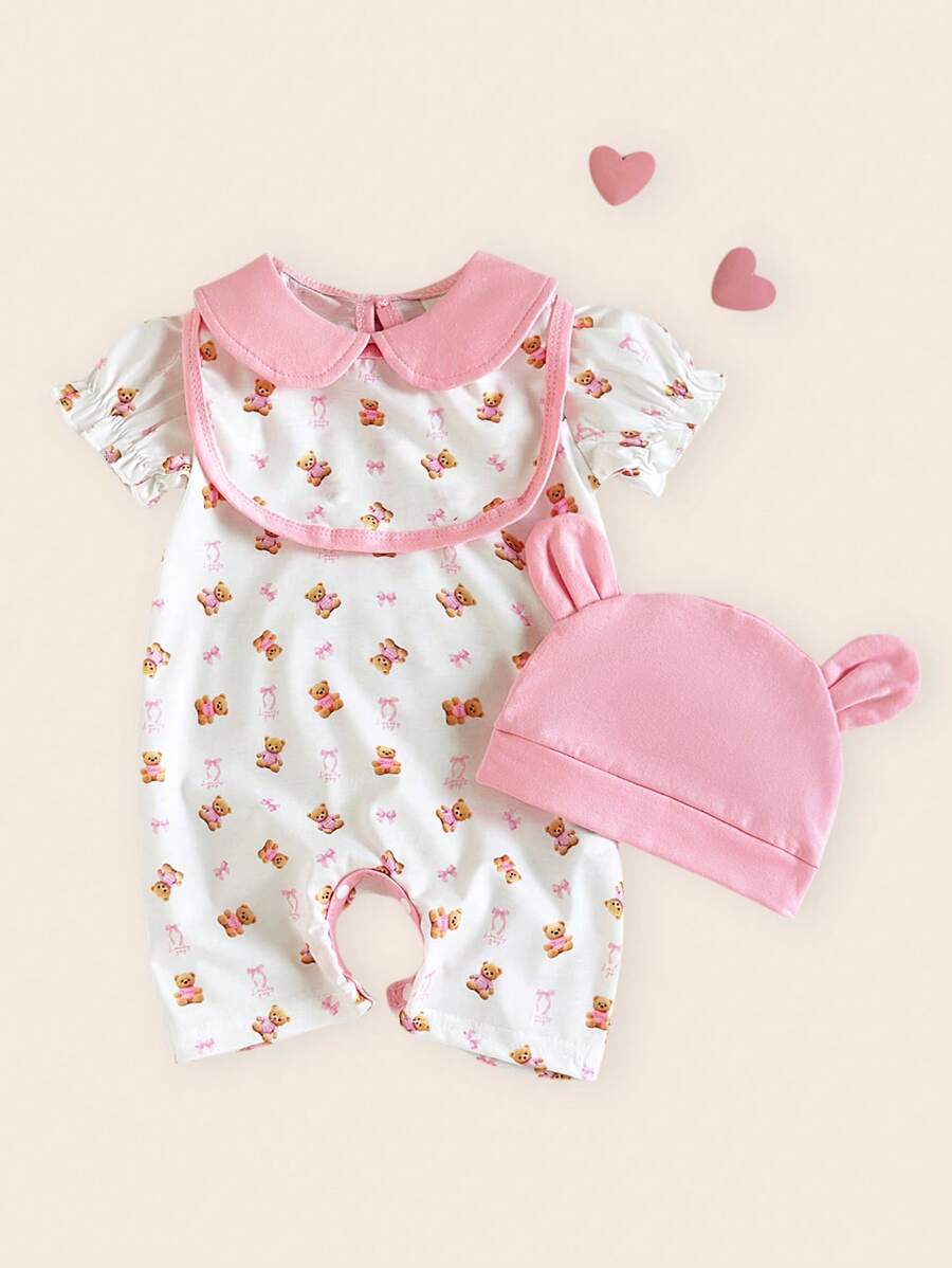 SHEIN Summer Newborn Baby Girl Pink Doll Collar Patchwork White Short Sleeved Cartoon Bear Print Pattern Jumpsuit Shorts And Same Color Bib Paired With Pink Hat Three Pieces Set