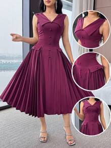Feyla Women's Solid Button Design Pleated Hem Sleeveless Elegant Mini Dress - Purple - View 1