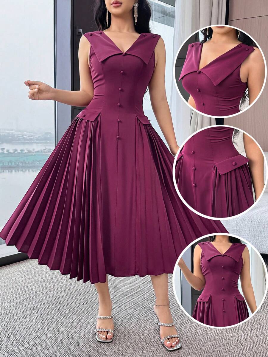 Feyla Women's Solid Button Design Pleated Hem Sleeveless Elegant Mini Dress - Purple - View 1
