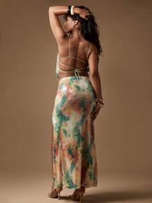 MISSGUIDED Summer Festival Sequin Cowl Neck Co-Ord Set Watercolor Aqua Design Strappy Backless Top Maxi Skirt Split Leg Resort Wear - Multicolor - View 2