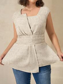 Chikora Plus Size Casual Asymmetric Sleeveless Shirt, Summer - Apricot - View 3