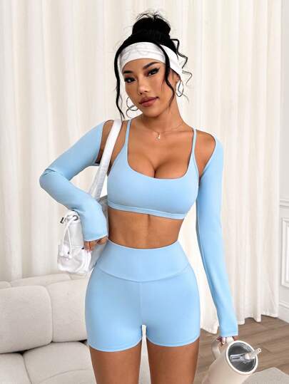 Easithlete Women's Casual 3 Pieces Set: Cropped Long Sleeve Wrap, Spaghetti Strap Criss-Cross Back Sports Bra, And Fitted Shorts Women S Athletic Sets Workout Clothes Women Women Clothing Athletic Women S Clothes Workout Gear Women