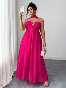 Elenzga Plus Size Chiffon Starfish Print Halter Asymmetrical Hem Dress For Ladies, Vacation - Red Violet - View 5