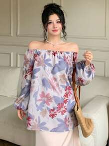 DAZY 印花宽松露肩灯笼袖女式长袖衬衫上衣，度假波西米亚风 - 彩色 - 查看 6