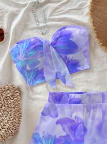 Soleia Bộ đồ áo bandeau nơ phía trước và quần short mini bó sát cho nữ, phù hợp cho mùa hè, màu tím hoa dâm bụt, phù hợp cho kỳ nghỉ - Màu tím - Xem 4