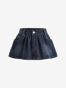 TrendSteals Plain Pleated Pocket Summer Casual Denim Skirt - Dark Wash - View 2