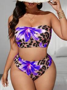 Swim Lushoire Plus Size Leopard & Tropical Floral Random Print Swimsuit Set For Summer Beach Vacation - Purple - View 1
