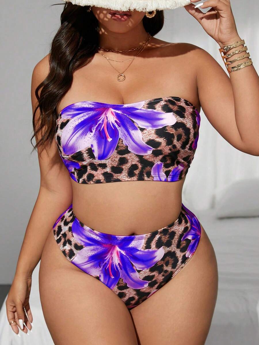 Swim Lushoire Plus Size Leopard & Tropical Floral Random Print Swimsuit Set For Summer Beach Vacation - Purple - View 1