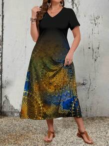 EMERY ROSE Plus Size Women's Casual Simple V-Neck Short Sleeve Maxi Dress, Suitable For Summer,Sundress - Multicolor - View 3