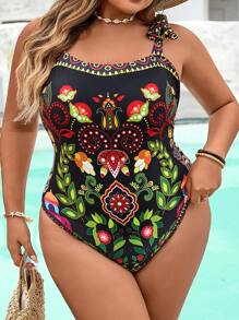 SHEIN CURVE+ Plus Size Women's Tropical Print Bowknot Strap One-Piece Swimsuit, Casual Resort Wear Beach Outfits For Woman/Beach Swimsuit/Beach Vacation Outfits/Beach Essentials / Graduation/Tea Party Swimsuit Summer/Country/Beach Vacation Outfits/Beach Outfits/Beach Wear - Multicolor - View 1