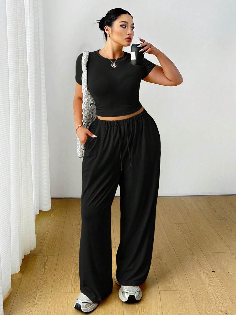 Flirla Set de 2 piezas: Top de punto de cuello redondo informal y pantalones anchos de cintura alta para mujer, conjunto de verano