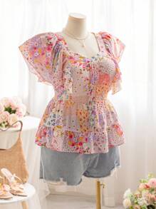 Soleia Blouse peplum à imprimé floral rose pour femmes grandes tailles avec manches courtes. Décontractée et fraîche pour l'extérieur/le thé de l'après-midi. Chemises d'été pour femmes - Multicolore - Voir 3