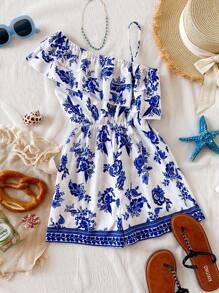 Mono con volantes a rayas azules y blancas para niñas preadolescentes, ideal para uso casual y festivo. - Multicolor - Ver 2