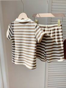 2-Pack Young Boys Casual Sports College Street Cute Vacation Striped Lapel POLO Shirt And Khaki Shorts Set Suitable For Kids Outfits Young Boy Clothes Back To School Boys Set Suitable For Birthday Parties, Evening Parties, Performances, Weddings, Baptisms, Opening Ceremonies Daily Suitable For Daily Use Suitable For School Suitable For Travel Suitable For Sports Suitable For Spring And Summer Seasons Young Boy Clothing Set