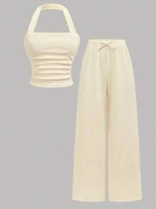 Girlism Teen Girl Apricot Solid Color Ruched Textured Cropped Halter Top With Solid Color Wide Leg Pants 2 Pieces Outfit Set, Suitable For Vacation, Festivals, Lunch, Music Festivals And Outings In Spring/Summer