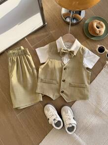 Set da 2 pezzi moda per bimbi maschi: Gilet monopetto kaki con fiocco rimovibile, tasche decorative e pantaloncini casual, stile elegante adatto per festa di compleanno, evento, matrimonio, festa di nascità
